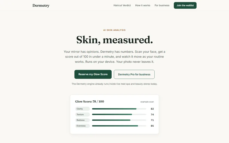 Screenshot of the dermetry.com homepage