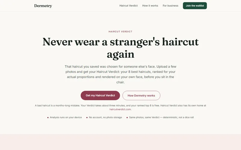 Screenshot of the dermetry.com/hair Face Verdict feature